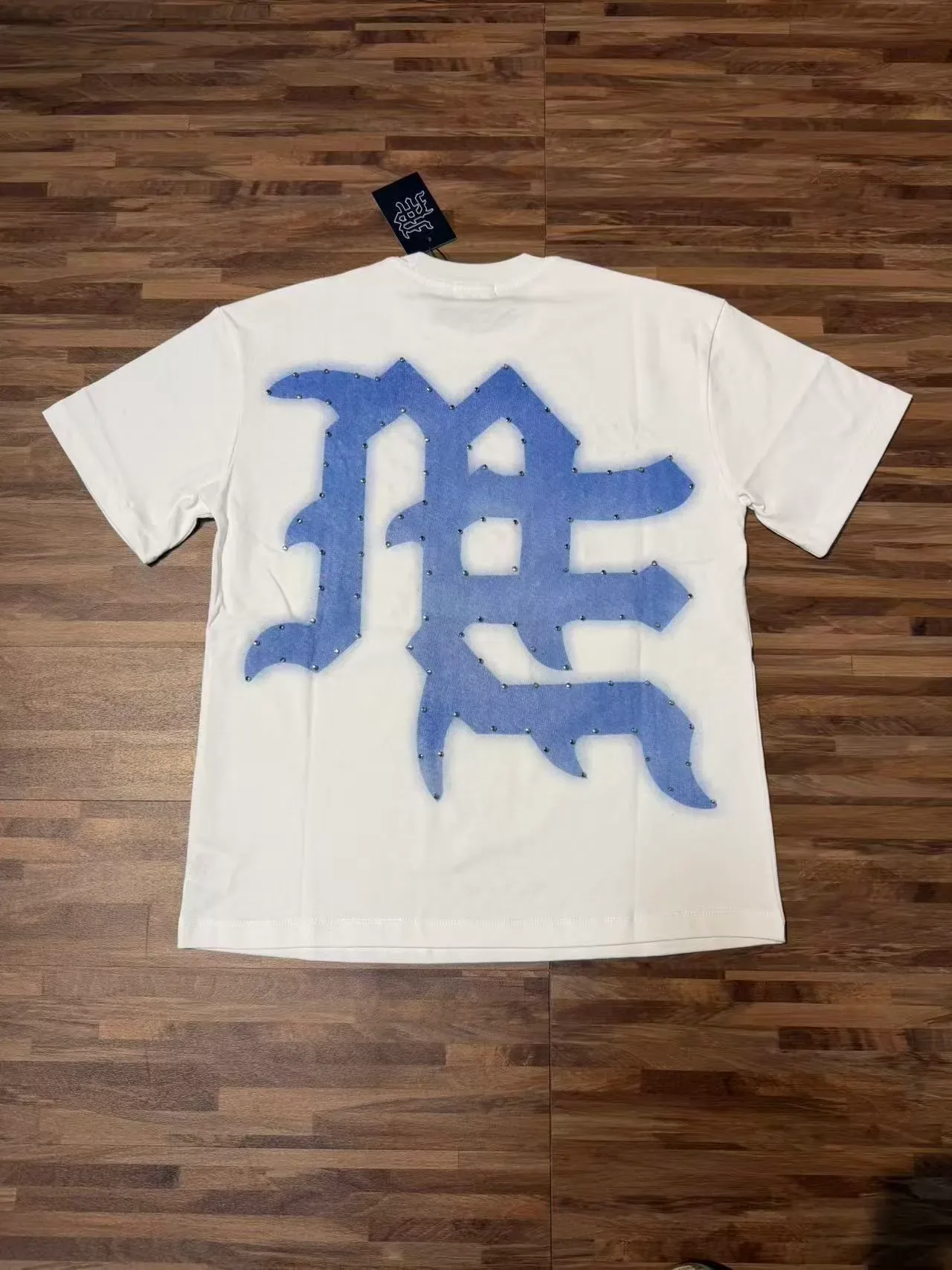 White Blue Studded Graphic Oversized T-Shirt 3