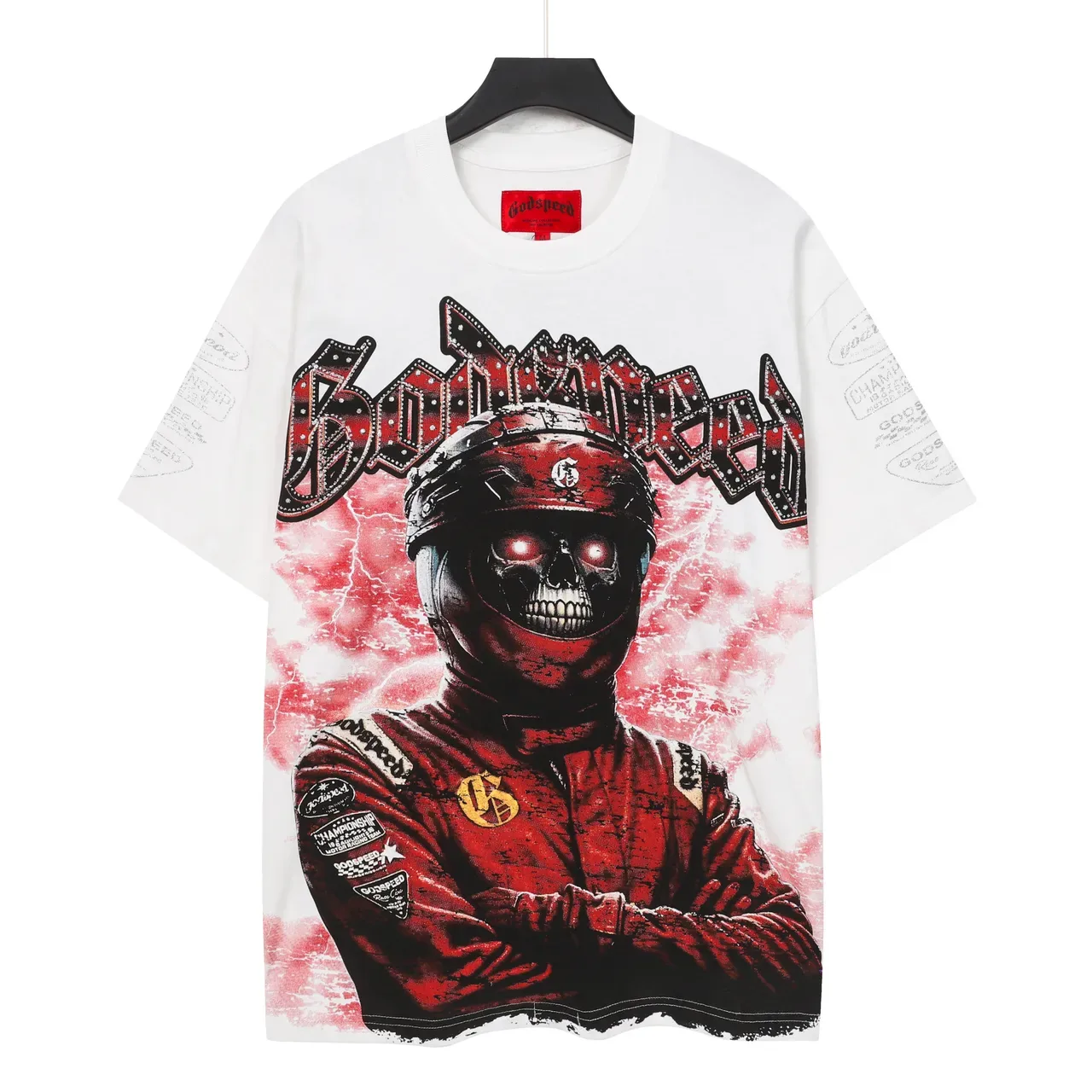 White Red Black Graphic-Print Oversized Racer Motif T-Shirt 2