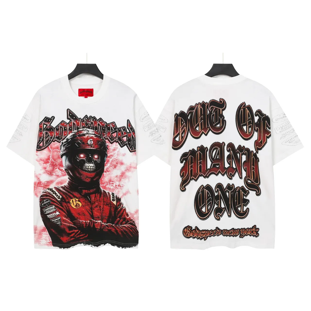 White Red Black Graphic-Print Oversized Racer Motif T-Shirt 4