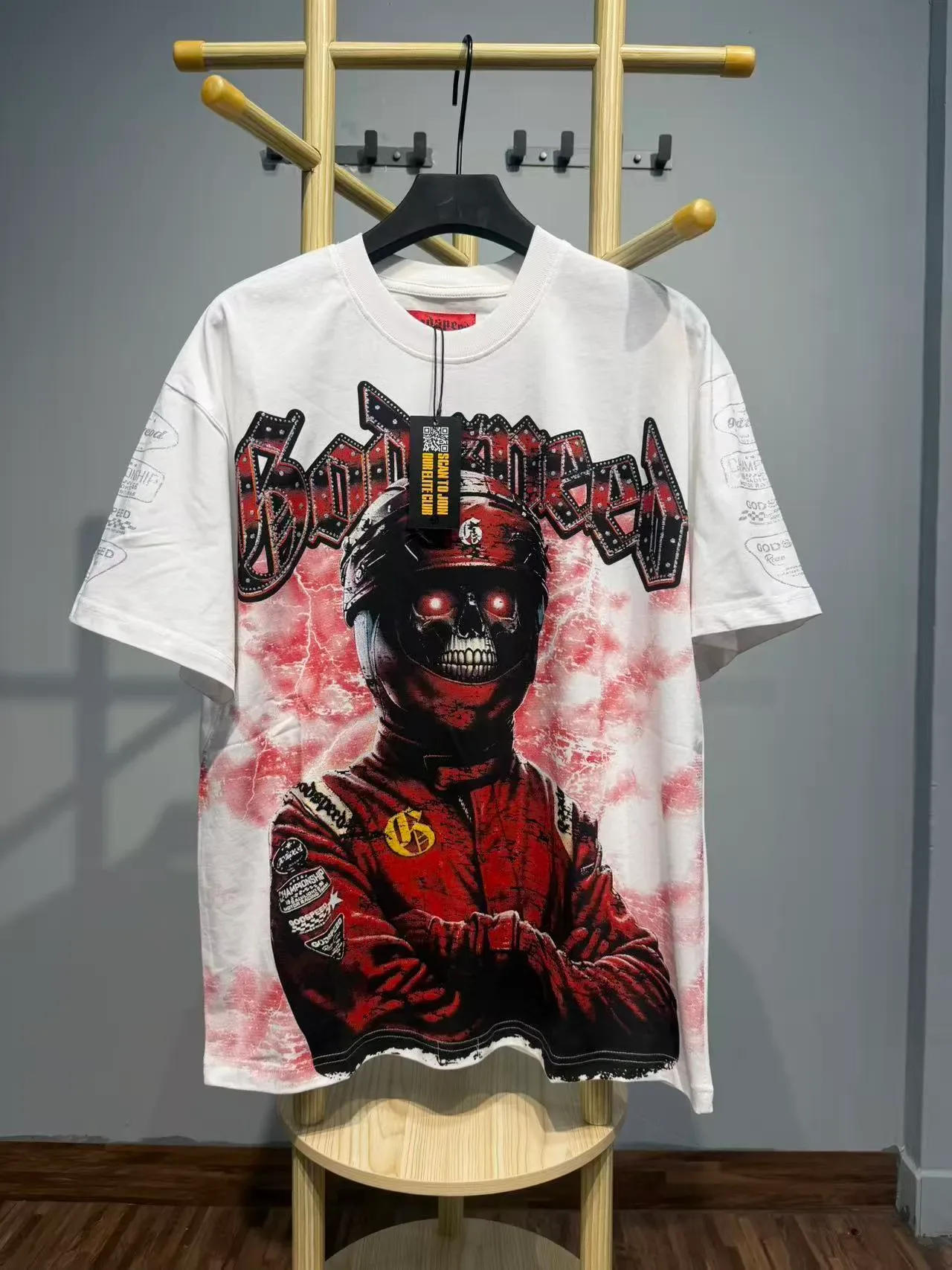 White Red Black Graphic-Print Oversized Racer Motif T-Shirt 5
