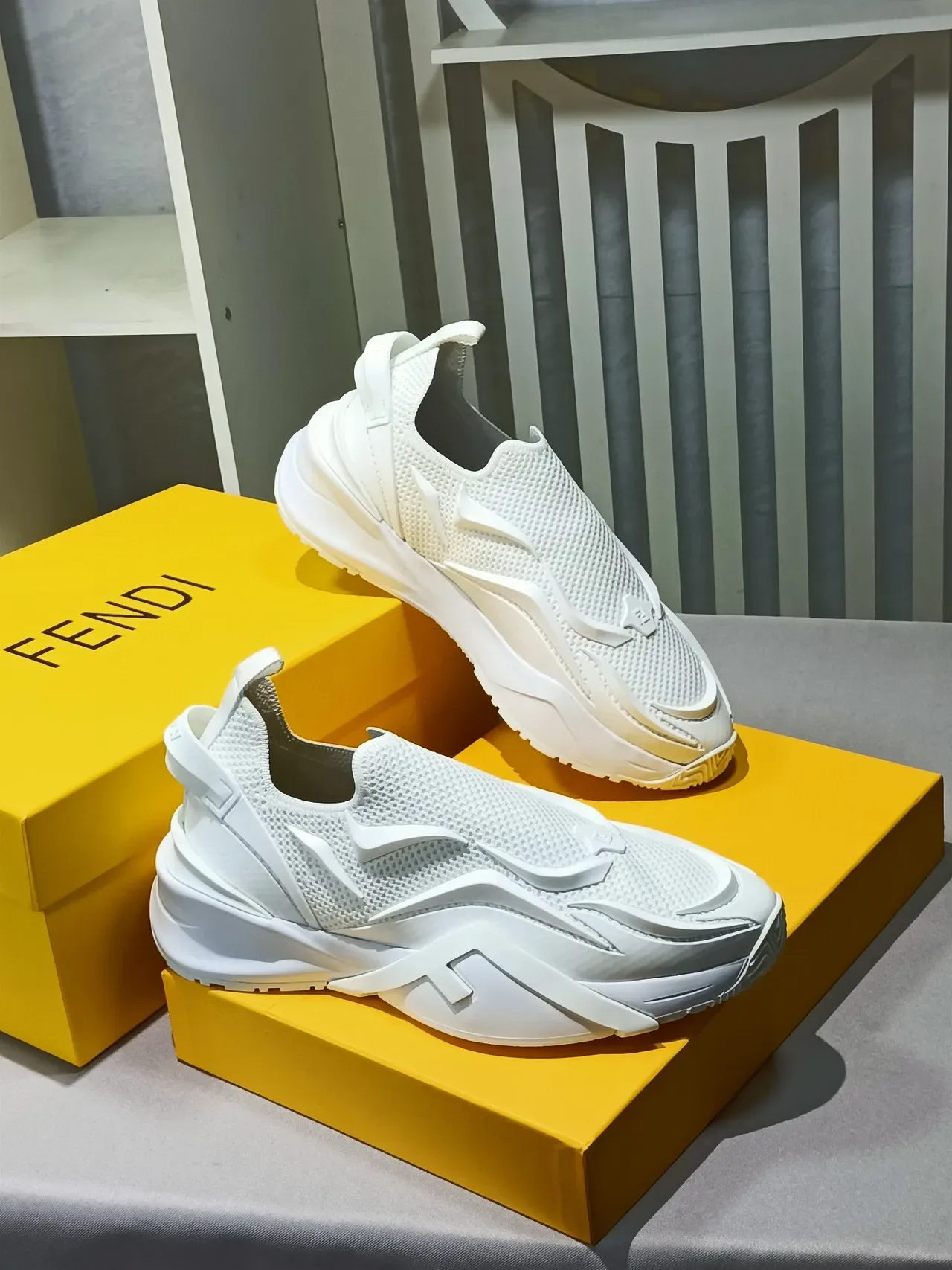 White Slip-On Construction Knit Mesh Upper Sneakers 7