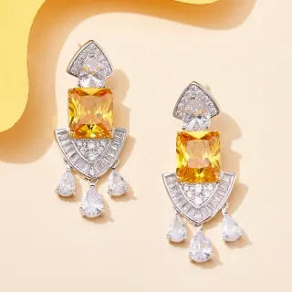 Brincos de gema amarelo e transparente multi-nível pendentes