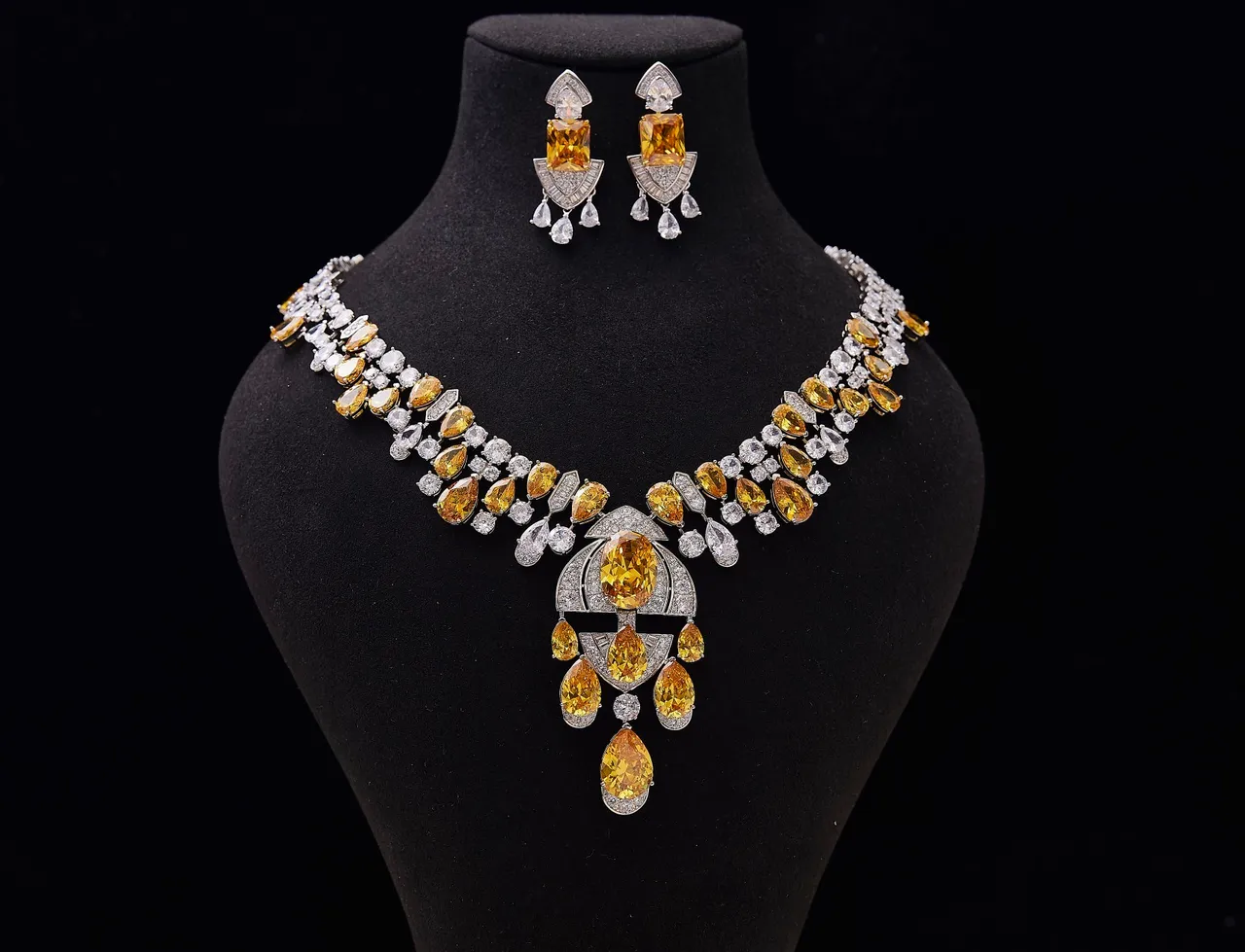 Yellow and Clear Gemstone Multi-Tier Dangling Earrings 2