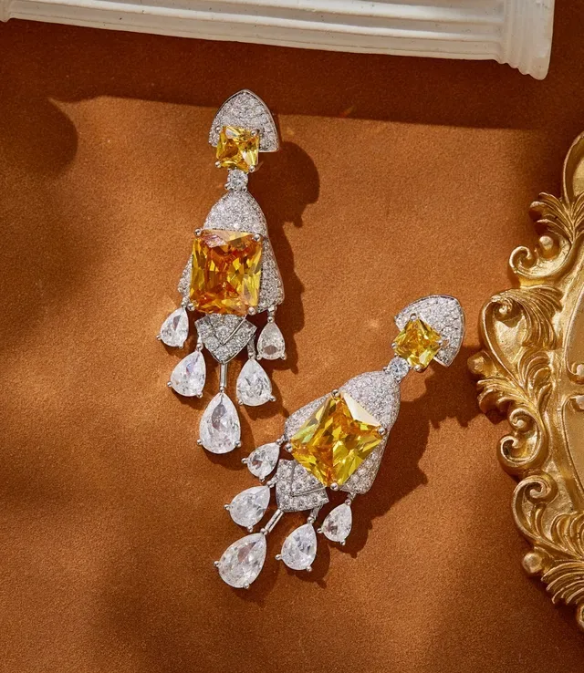 Yellow Silver Chandelier-Style Pavé-Set Earrings 7