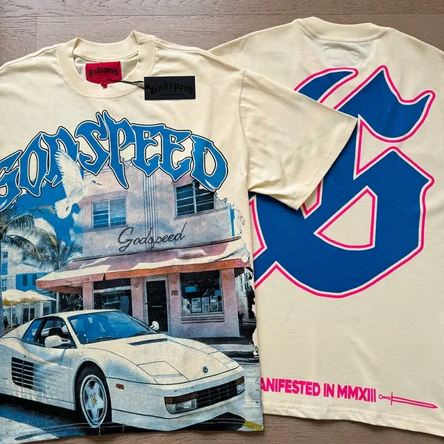 T-shirt Godspeed beige et bleu imprimé graphique coupe oversize 4