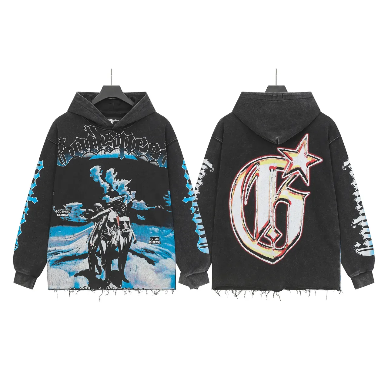 Godspeed Black Blue Oversized Fit Distressed Raw Hem Hoodie 8