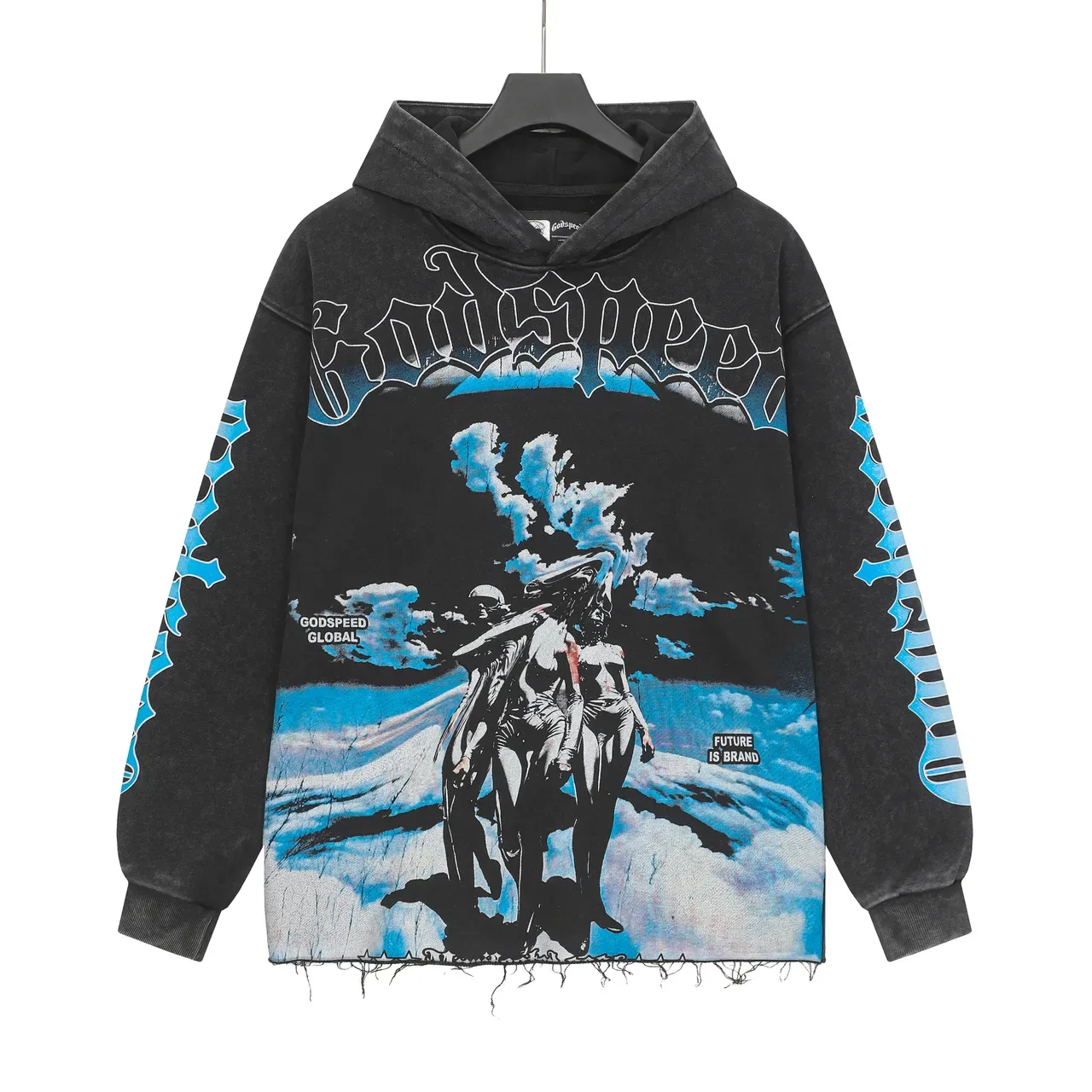 Godspeed Black Blue Oversized Fit Distressed Raw Hem Hoodie 9