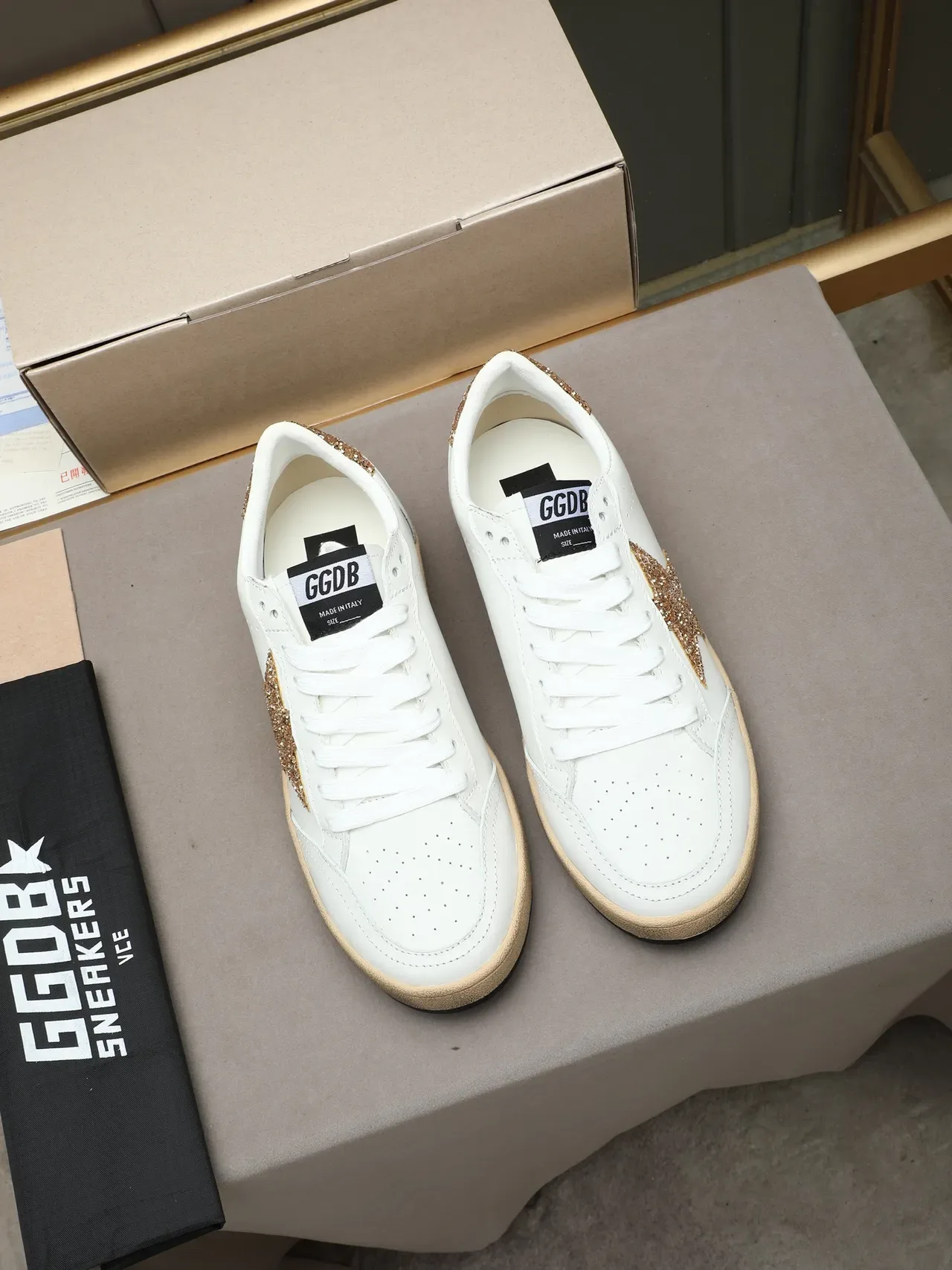 Golden Goose Ball Star White Leather Glitter Gold Star Lifestyle Sneakers 2