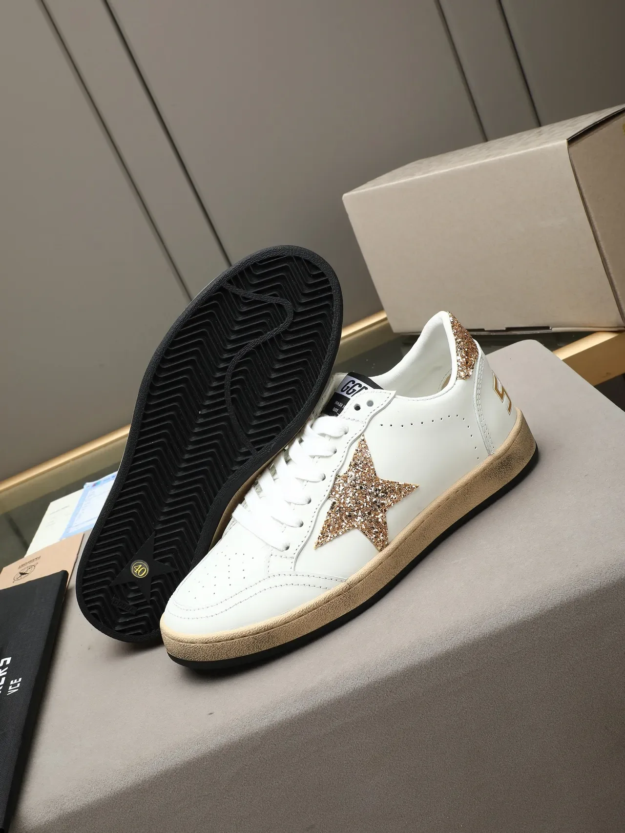Golden Goose Ball Star White Leather Glitter Gold Star Lifestyle Sneakers 4