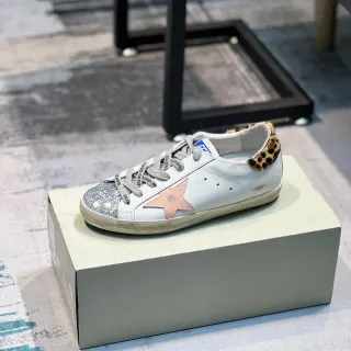 Golden Goose Superstar Tênis Lifestyle Branco Rosa Estrela Brilhante Oncinha Salto