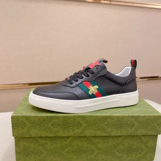 Gucci Ace Bee Web Stripe Zapatos Lifestyle de Cuero Negro
