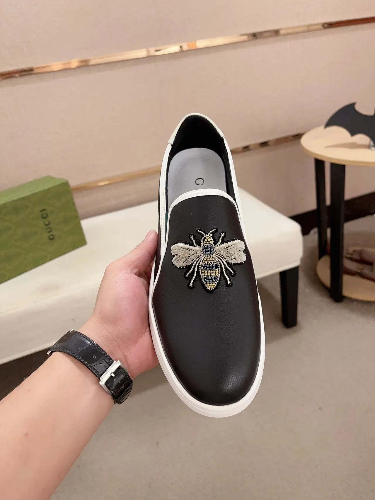 Gucci Ace Black White Embroidered Bee Contrast Piping Loafer 2