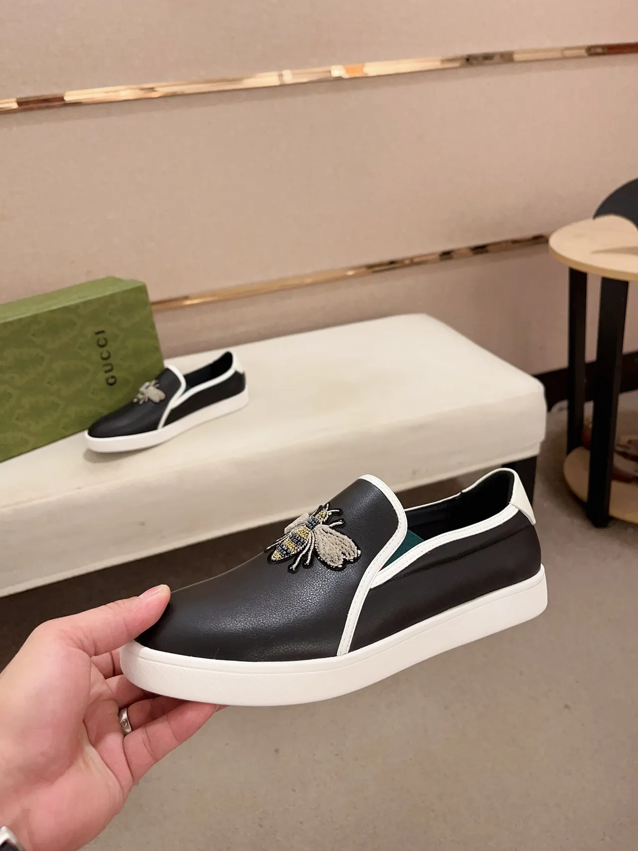 Gucci Ace Black White Embroidered Bee Contrast Piping Loafer 3