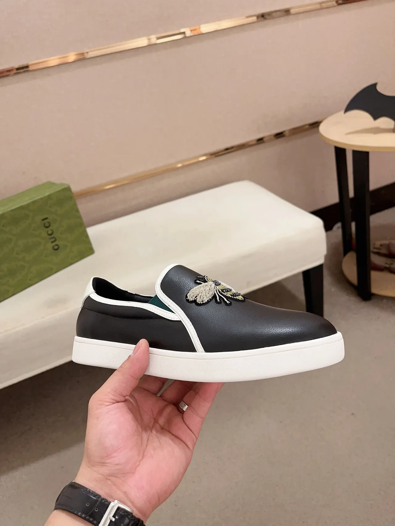 Gucci Ace Black White Embroidered Bee Contrast Piping Loafer 4