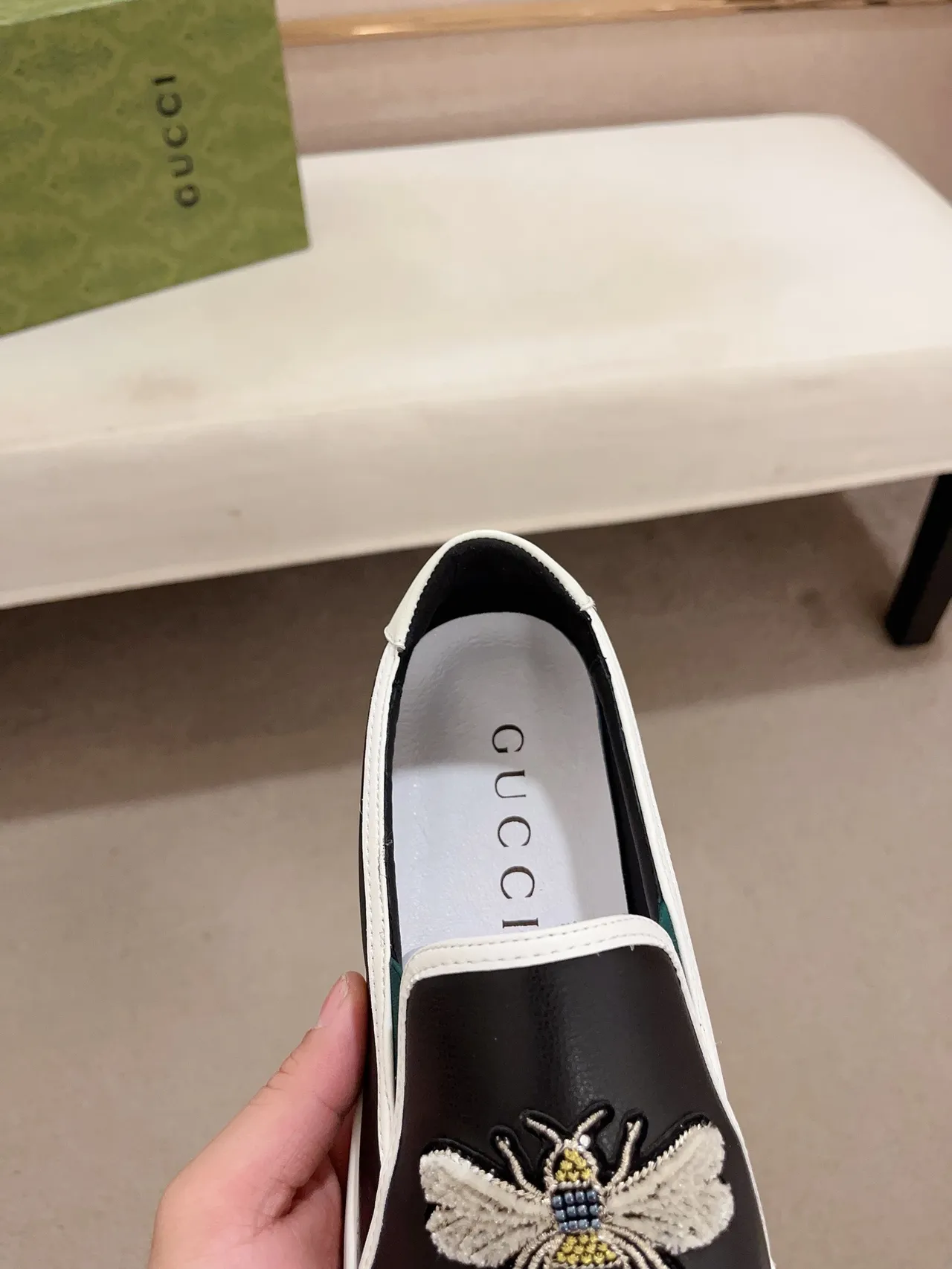 Gucci Ace Black White Embroidered Bee Contrast Piping Loafer 6