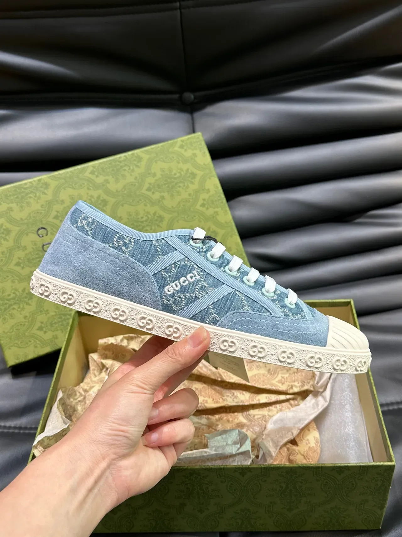 Gucci Ace Sneakers Bleu Blanc Toile GG Monogram Print 6