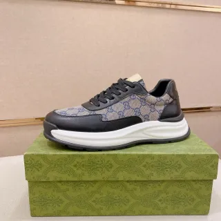 Gucci Beige Negro GG Monograma Lona Cuero Superposiciones Estilo de Vida Sneakers