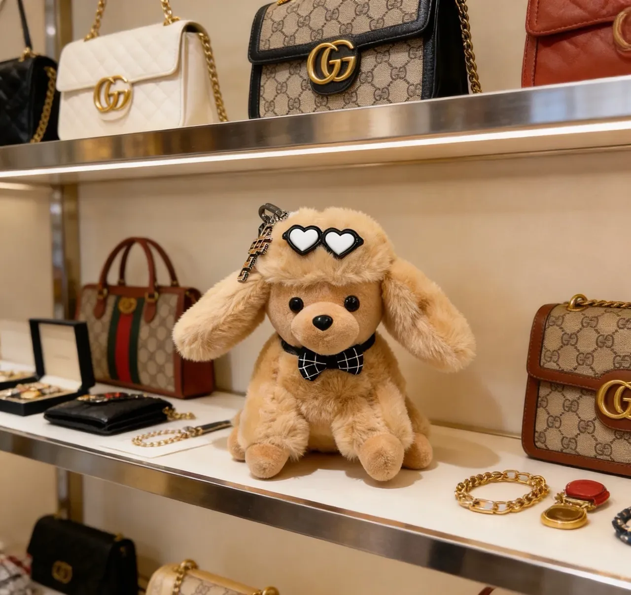 Gucci बेज काला प्लश कुत्ता सिल्हूट चेकर्ड बाउ टाई फोन एक्सेसरी 3