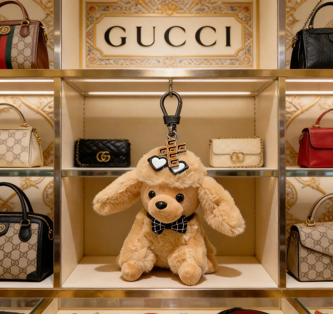 Gucci बेज काला प्लश कुत्ता सिल्हूट चेकर्ड बाउ टाई फोन एक्सेसरी 5