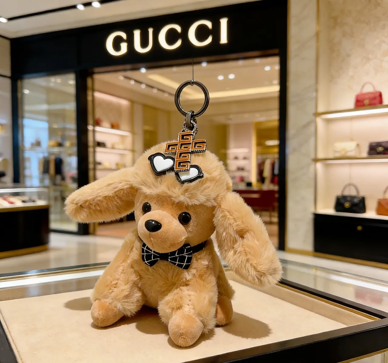 Gucci बेज काला प्लश कुत्ता सिल्हूट चेकर्ड बाउ टाई फोन एक्सेसरी 6