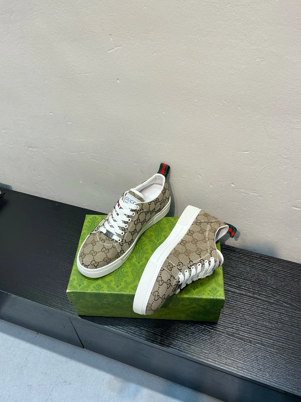 Gucci Beige Green GG Monogram Canvas Web Stripe Accent Lifestyle Sneakers 4