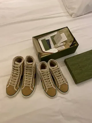Gucci بيج أخضر GG Monogram كانفاس تفاصيل الشرائط الشبكية حذاء رياضي أسلوب حياة 4