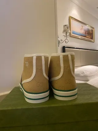 Gucci بيج أخضر GG Monogram كانفاس تفاصيل الشرائط الشبكية حذاء رياضي أسلوب حياة 7