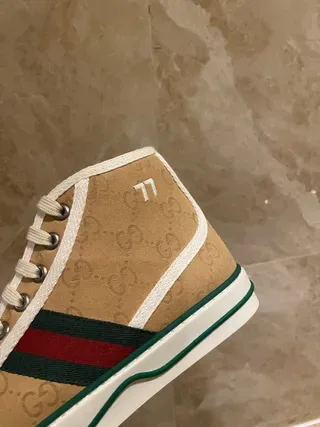 Gucci بيج أخضر GG Monogram كانفاس تفاصيل الشرائط الشبكية حذاء رياضي أسلوب حياة 8