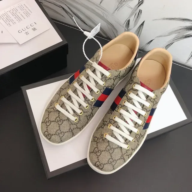 Gucci بيج أحمر GG Supreme كانفاس تفاصيل الشبكة والشريط أسلوب الحياة حذاء رياضي 5