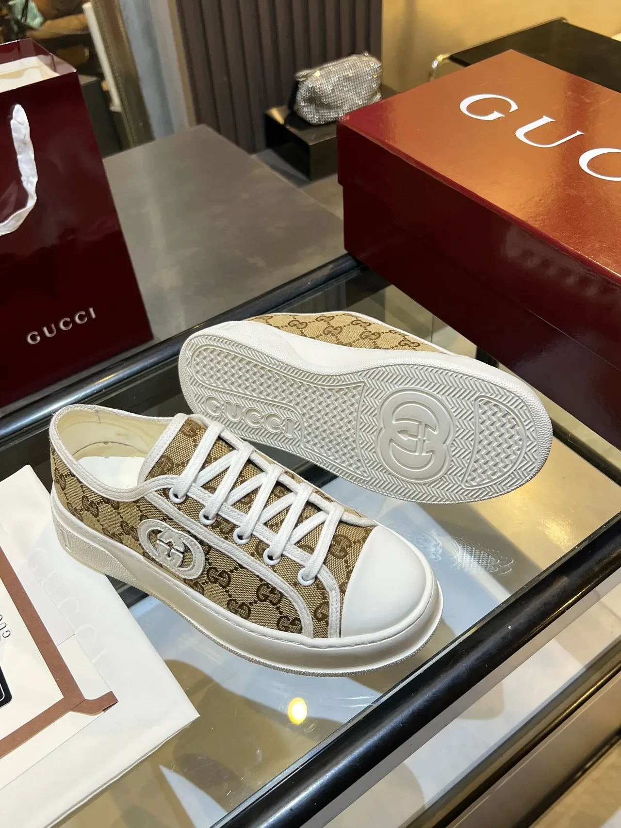 Gucci Beige White Monogram Canvas Interlocking G Logo Patch Lifestyle Sneakers 3
