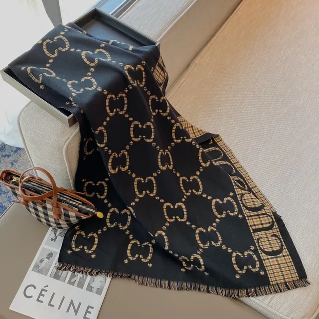 Gucci negro beige interlocking GG monograma plaid border cachemira bufanda 5