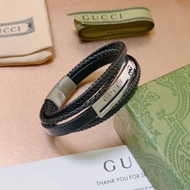 Gucci Black Braided Leather Multi-Wrap Bracelet 7