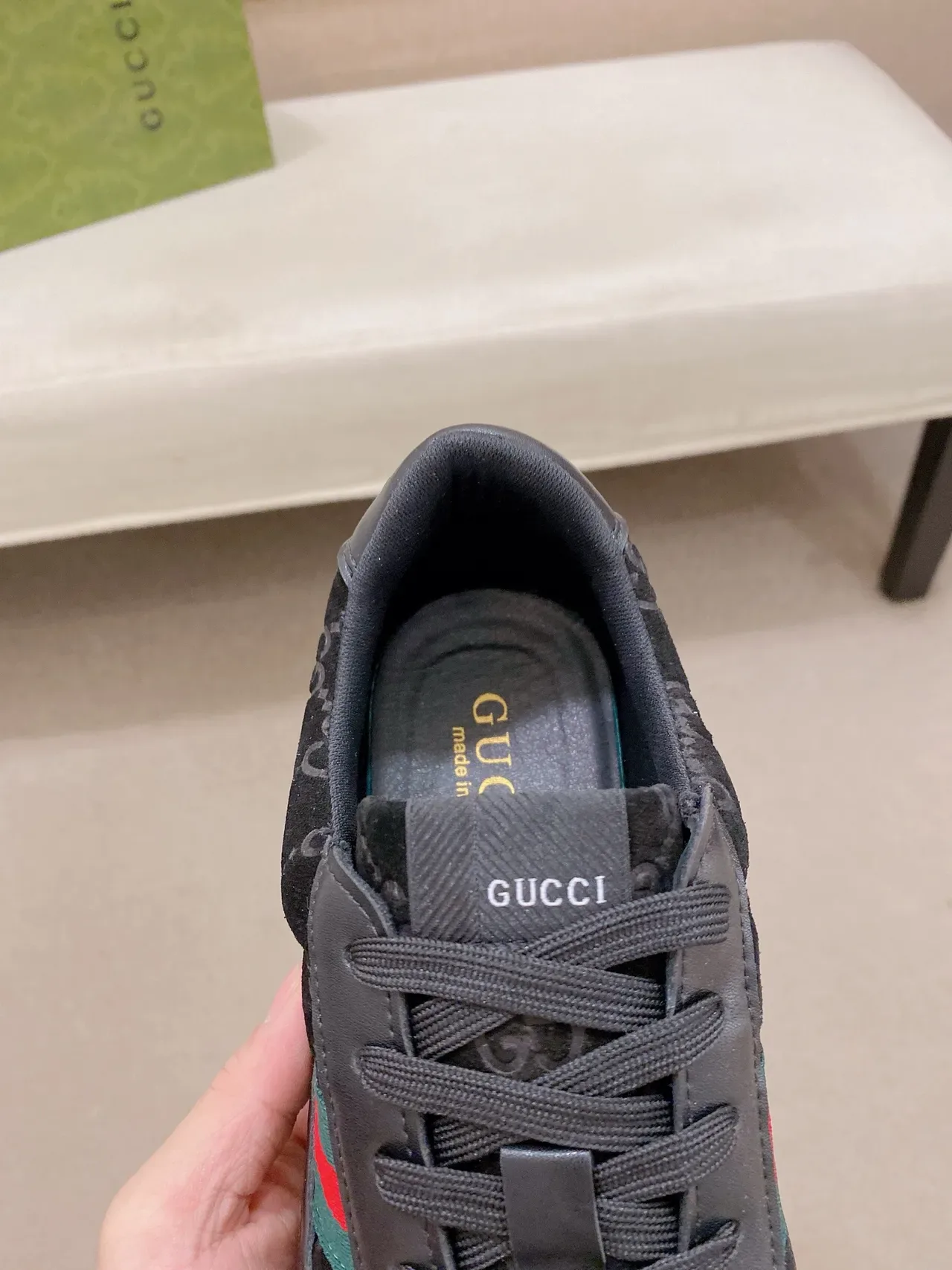 Gucci Black Green GG Monogram Suede Leather Overlays Lifestyle Sneakers 4