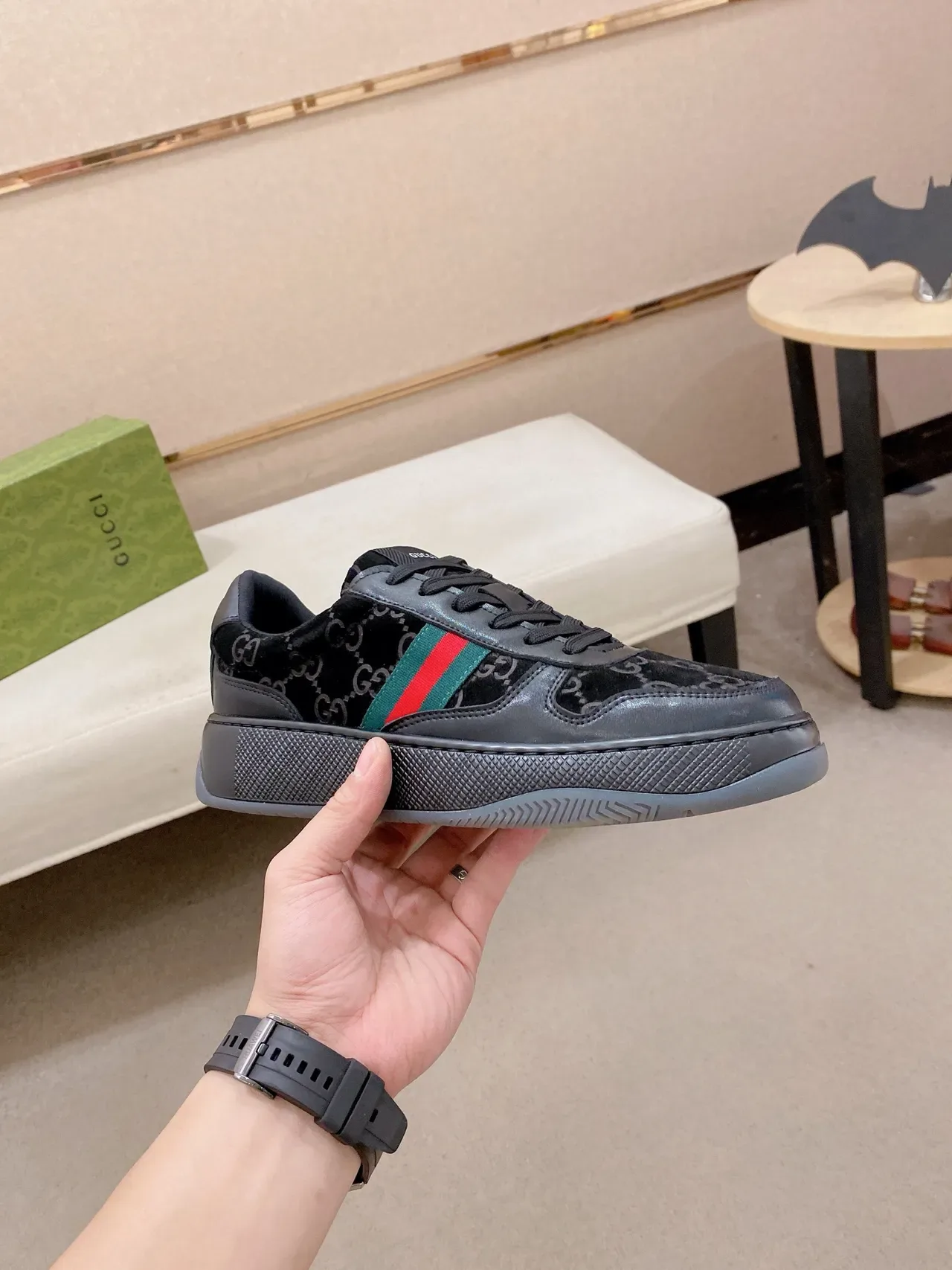 Gucci Black Green GG Monogram Suede Leather Overlays Lifestyle Sneakers 5