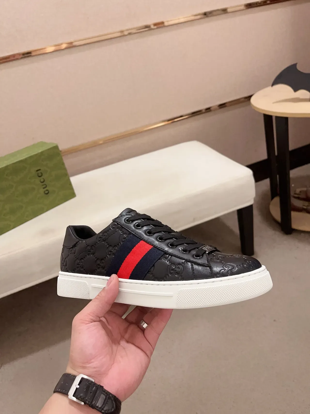 Gucci Black Red Embossed GG Leather Web Stripe Side Panel Lifestyle Sneakers 4