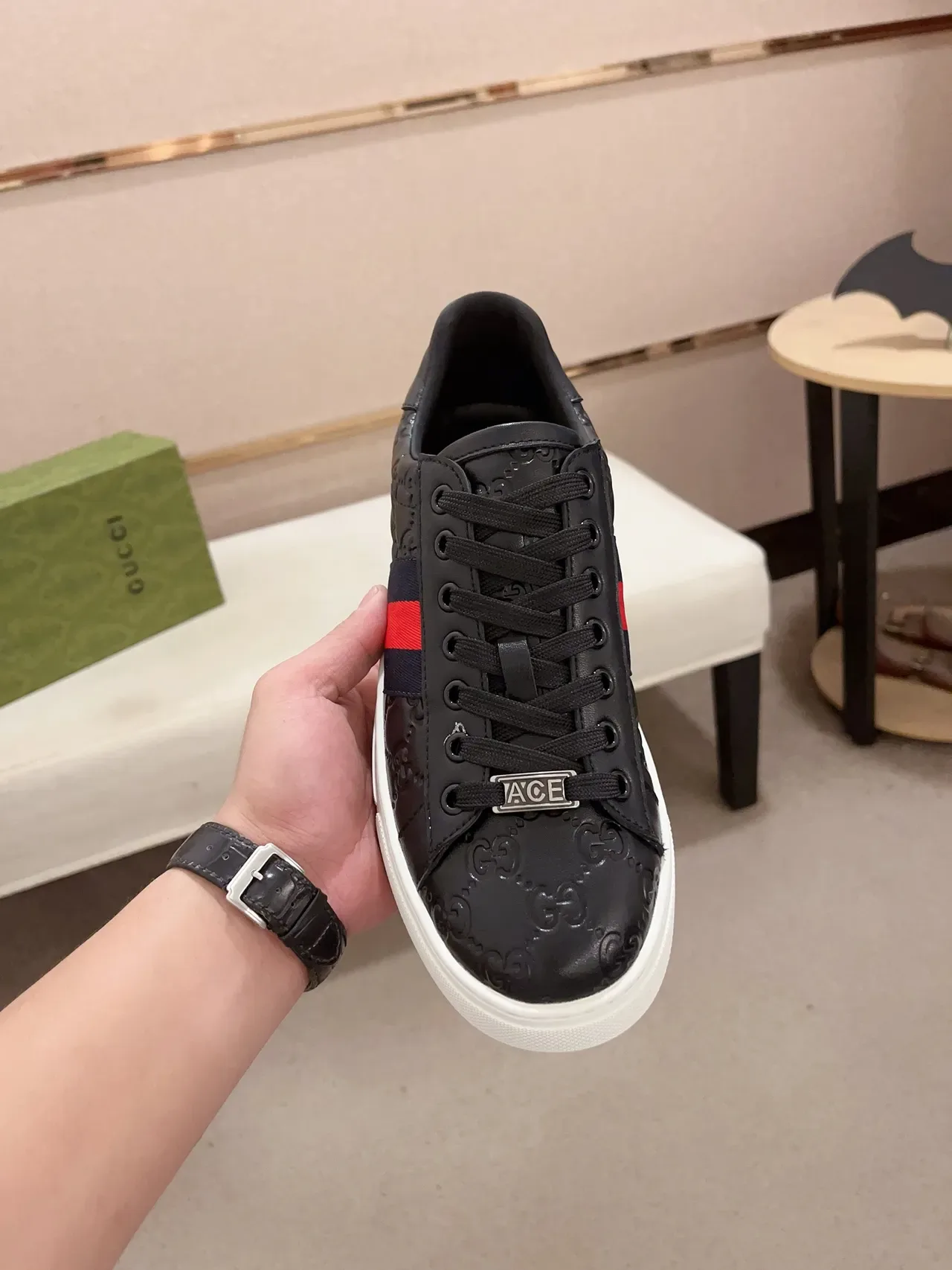 Gucci Black Red Embossed GG Leather Web Stripe Side Panel Lifestyle Sneakers 5