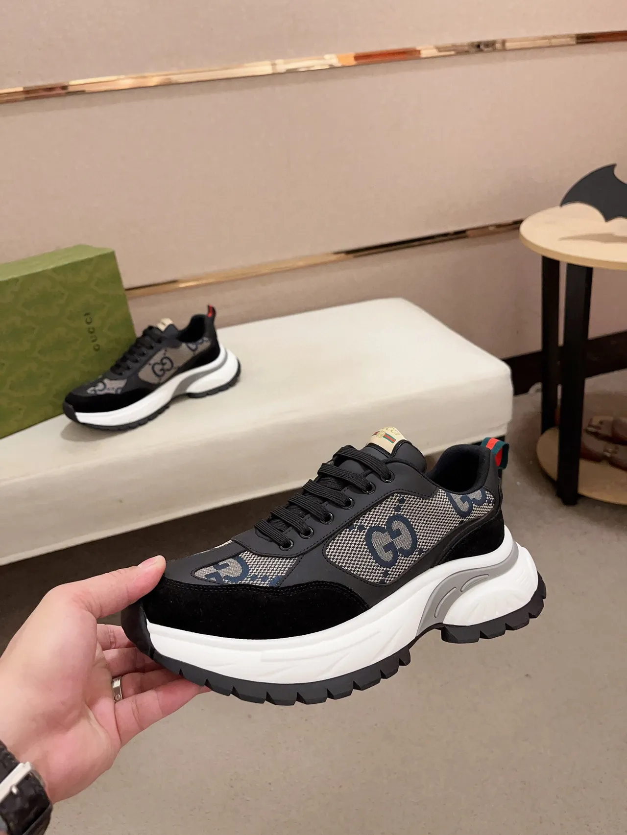 Gucci Black White GG Monogram Mesh Suede Overlays Chunky Sneakers 3