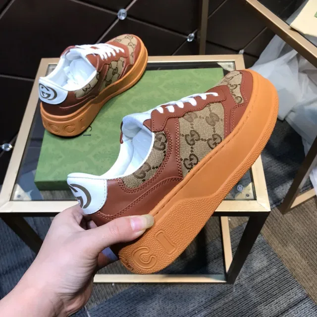 Gucci بني بيج GG Monogram كانفاس جلد تراكب سنيكرز سميكة 4