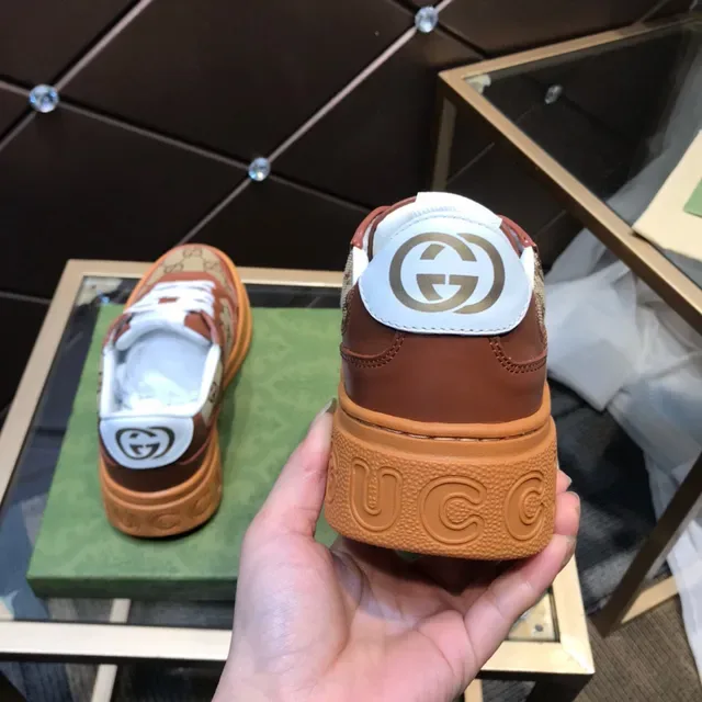 Gucci بني بيج GG Monogram كانفاس جلد تراكب سنيكرز سميكة 5