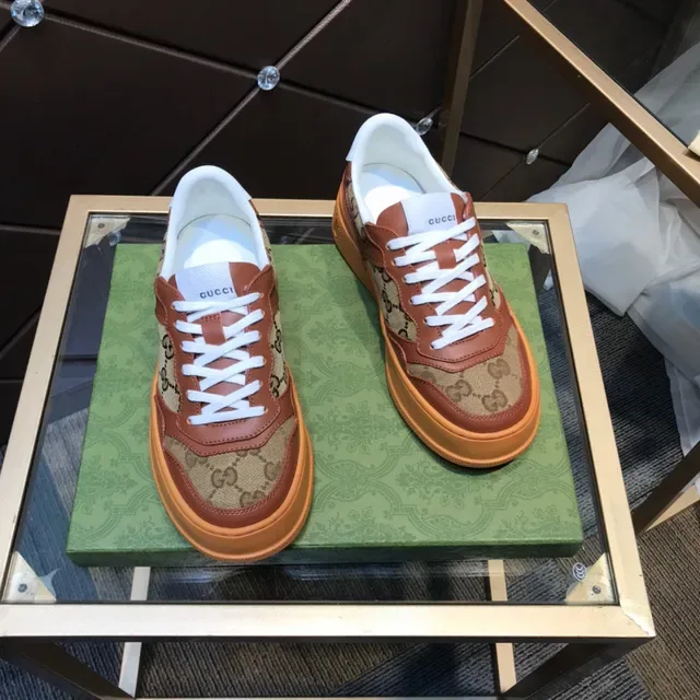 Gucci بني بيج GG Monogram كانفاس جلد تراكب سنيكرز سميكة 6
