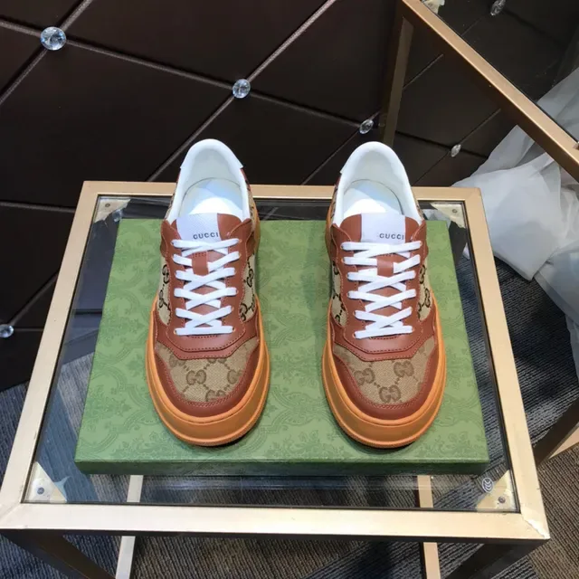 Gucci بني بيج GG Monogram كانفاس جلد تراكب سنيكرز سميكة 9