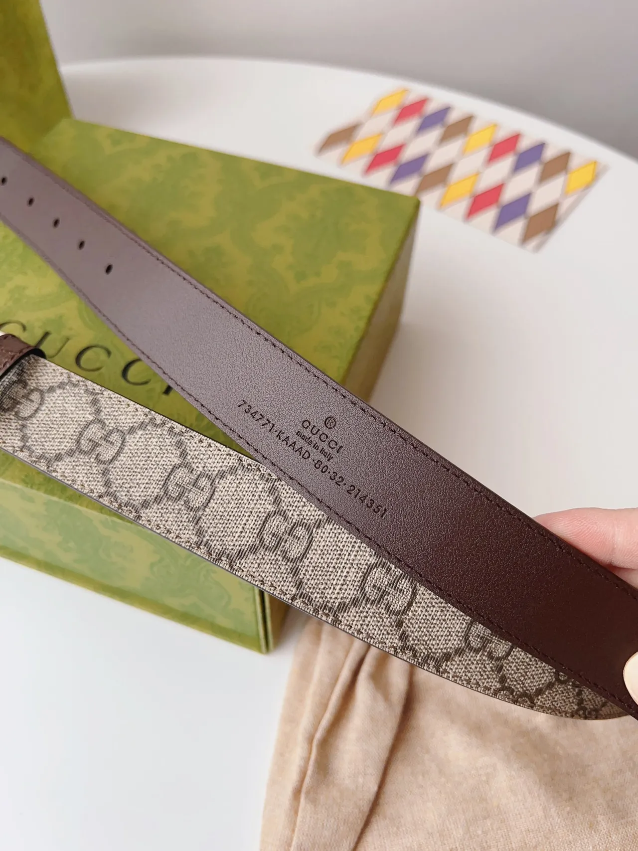 Gucci بني بيج Interlocking G بكل GG Monogram كانفاس جلد حزام 4