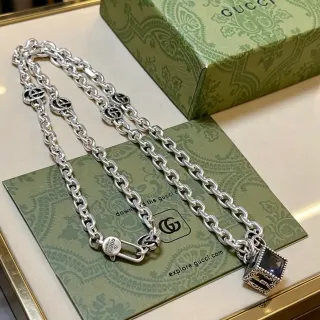 Collier Gucci Chaîne Argent Noir Chunky Curb Interlocking G Charms