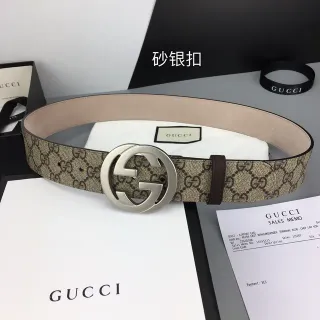 Gucci Double G Belt बेज भूरा GG मॉनोग्राम कैनवास इंटरलॉकिंग बकल चमड़े की बेल्ट