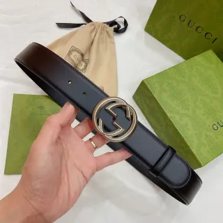 Gucci Double G Cinto Couro Preto Fivela Dourada Cinto Couro