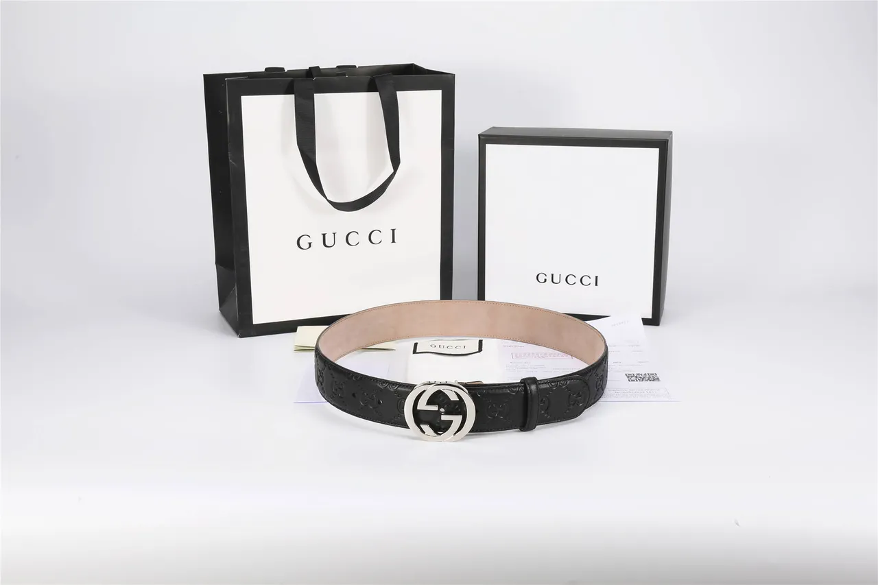 حزام Gucci Double G أسود فضي إبزيم متشابك نقش GG مونوغرام جلد 2