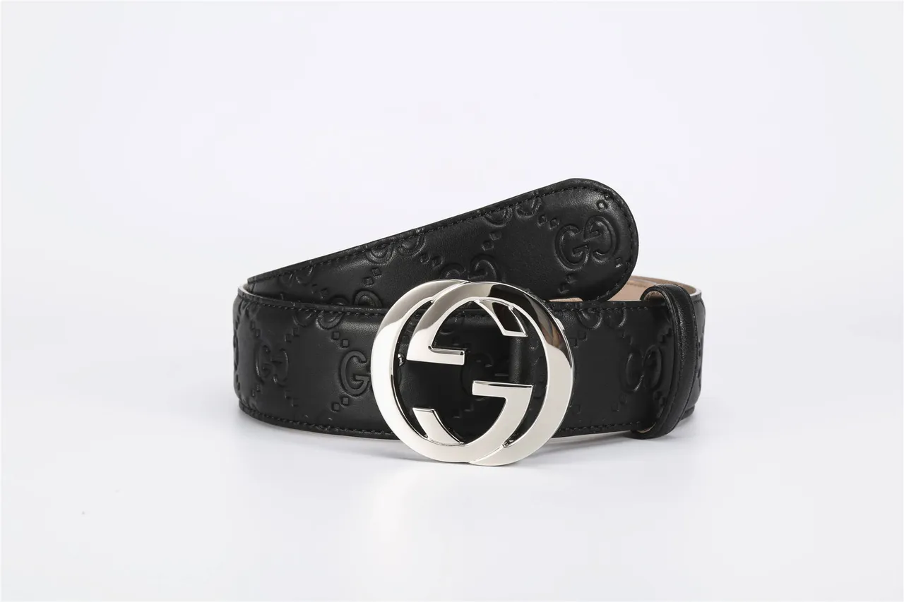 حزام Gucci Double G أسود فضي إبزيم متشابك نقش GG مونوغرام جلد 5