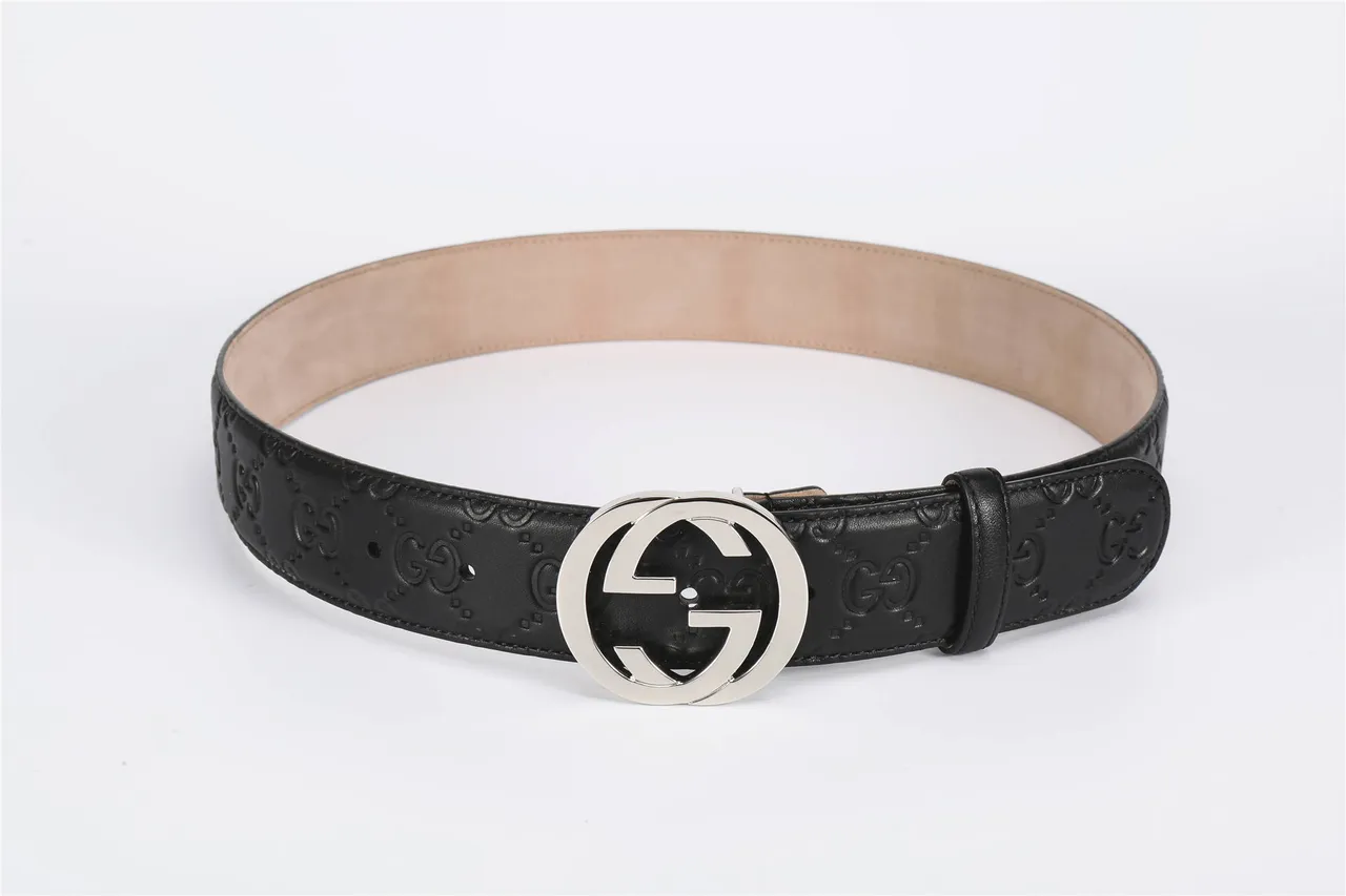 حزام Gucci Double G أسود فضي إبزيم متشابك نقش GG مونوغرام جلد 7