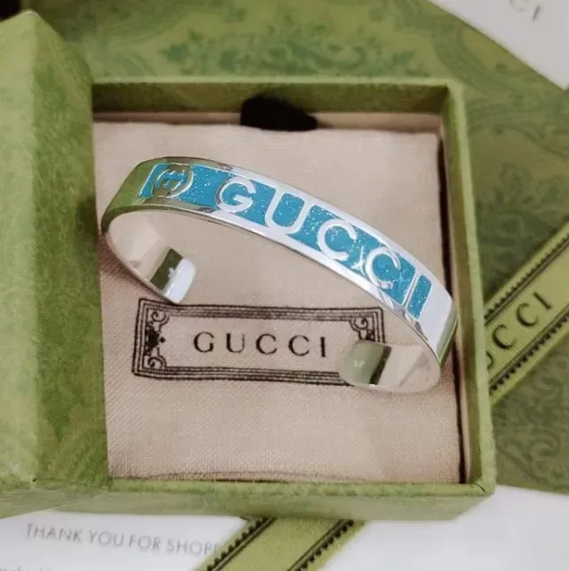 Gucci Enamel Logo Cuff Blue Silver Open Bracelet 5