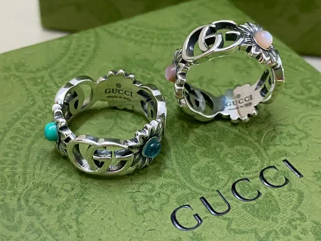 Gucci Floral Interlocking G Silver Blue Motif Ring 2